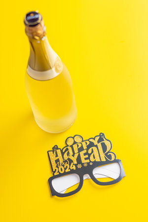 Happy new year background. Black funny paper glasses and bottle of champagne on the yellow background.の写真素材