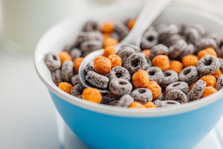 Sweet breakfast cereals in a bowl on the white table.の写真素材