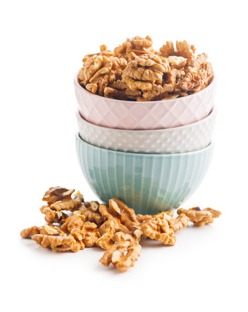 Peeled dried walnut kernels isolated on the white background.の写真素材