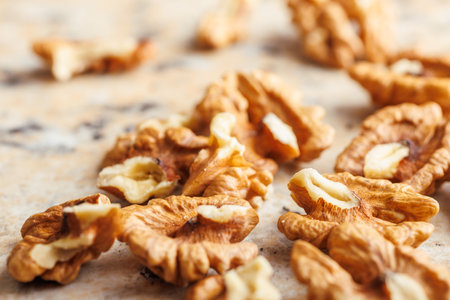Peeled dried walnut kernels on the kitchen table.の写真素材
