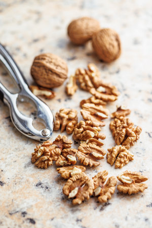 Peeled dried walnut kernels on the kitchen table.