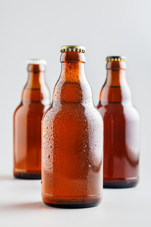 Beer bottle with drops on the gray background.の写真素材