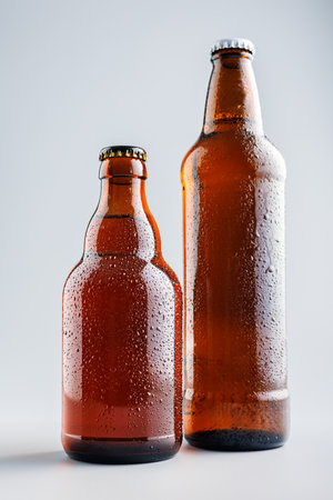 Beer bottle with drops on the gray background.の写真素材