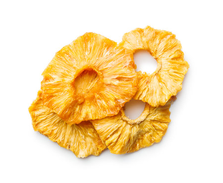 Dried pineapple rings isolated on the white background.の写真素材