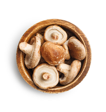 Fresh shiitake mushrooms in a bowl isolated on the white background.の写真素材