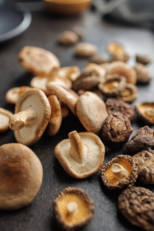 The fresh and dried shiitake mushrooms on the black table.の写真素材