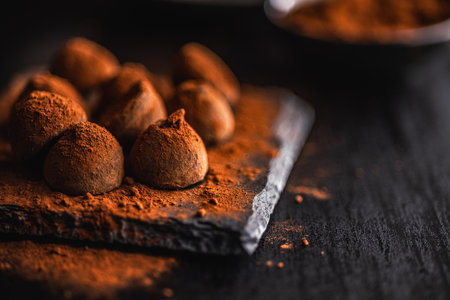 Chocolate truffles covered with cocoa powder on the black table.の写真素材