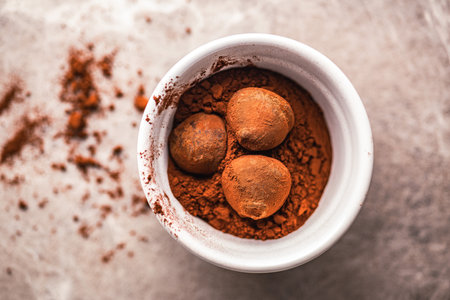 Chocolate truffles covered with cocoa powder in a bowl on the kitchen table. Top view.の写真素材