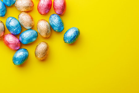 Easter chocolate eggs wrapped in aluminum foil on the yellow background. Top view.