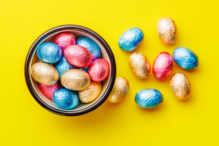 Easter chocolate eggs wrapped in aluminum foil in a bowl on the yellow background. Top view.