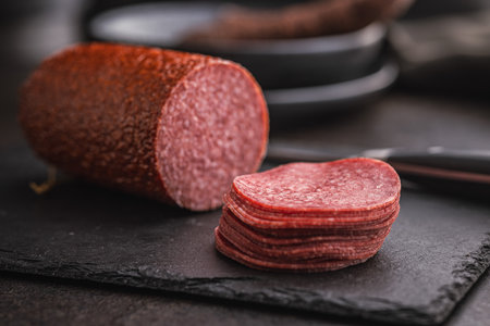 Smoked salami sausages on the black table.
