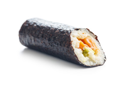 A detailed view of a single sushi roll, showcasing the various colorful ingredients tightly wrapped in seaweed and rice, set against a plain white background.の写真素材