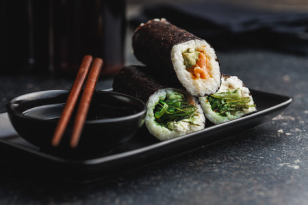 A black plate with sushi pieces with accompanying chopsticks and a bowl of soy sauce. The sushi shows a variety of colors, textures, and fillings, showcasing the artistry of Japanese cuisine.の写真素材