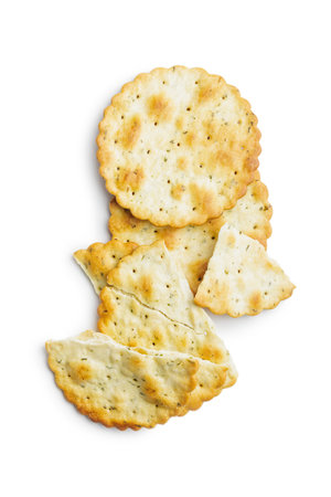 Salted crackers isolated on a white background.の写真素材