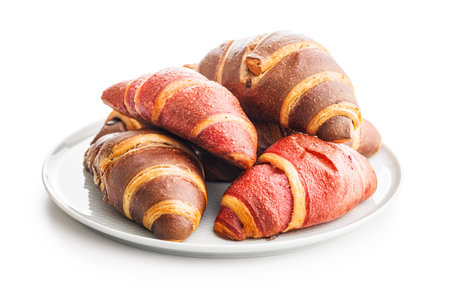 Freshly Baked Fruity and Chocolate Croissants Isolated Against a White Backgroundの写真素材