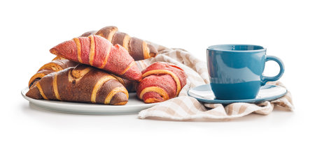 Fresh fruity and chocolate Croissants With a Cup of Coffee on a White Backgroundの写真素材