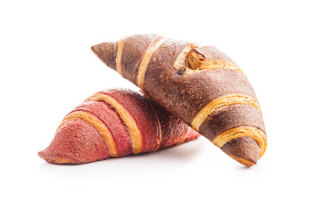 Freshly Baked Fruity and Chocolate Croissants Isolated Against a White Backgroundの写真素材