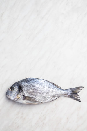 Fresh sea bream fish on a kitchen table. Top view.