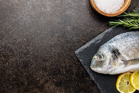 Fresh sea bream fish on a cutting board on a kitchen table. Top view.の写真素材