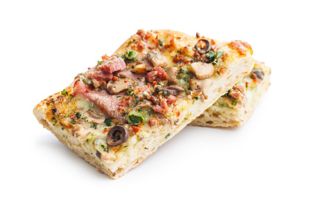 Tasty italian square pizza isolated on a white background.の写真素材
