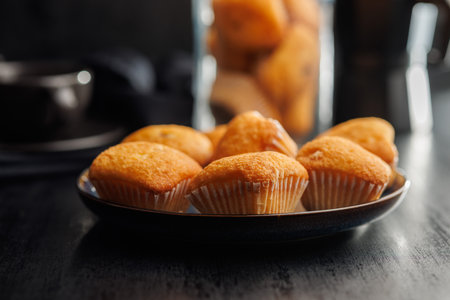 Magdalenas the typical Spanish plain muffins on a plate on a black table.の写真素材