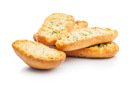 Garlic crisp bread Slices Topped With Herbs isolated on a white background.の写真素材