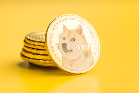 Golden dogecoin coin. Cryptocurrency Dogecoin. Doge cryptocurrency on a yellow background.の写真素材