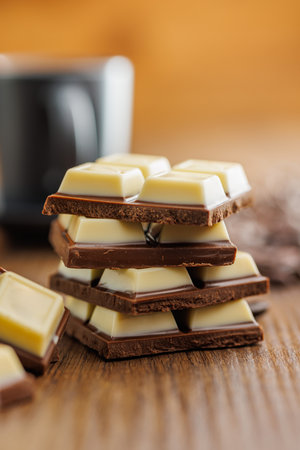 White light dark chocolate bars on a wooden table.