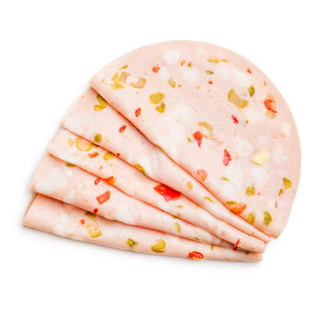 Slices of Sausage Mortadella isolated on a white background.の写真素材