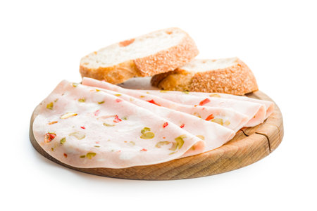 Slices of Sausage Mortadella isolated on a white background.の写真素材