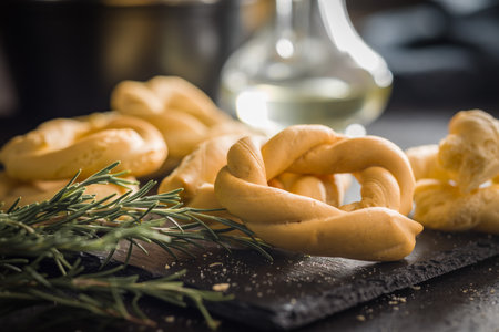 Crispy italian salted donuts on a cutting board on a black table.の写真素材
