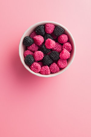 Sweet jelly candies in a bowl on a pink background. Top view.