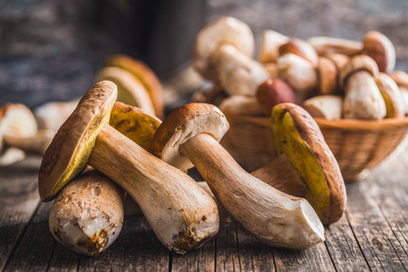 Fresh boletus mushrooms on a wooden table.の写真素材