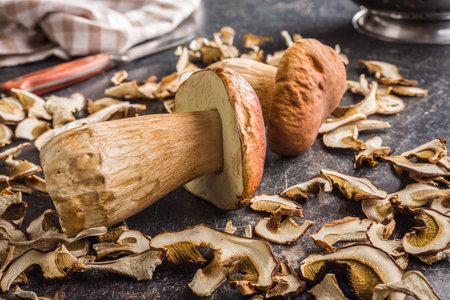 Dried porcini mushrooms. Sliced boletus on a black table.の写真素材