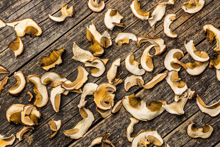 Dried porcini mushrooms. Sliced boletus on a wooden table. Top view.の写真素材