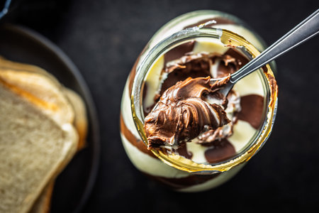 Chocolate cream spread on a spoon. Top view.の写真素材