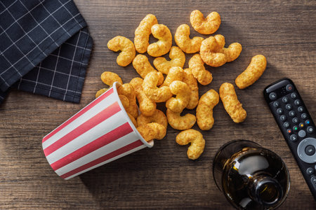 Puffed crispy Peanut flips on a wooden table. Top view.