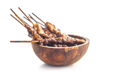 Japanese chicken yakitori in bowl isolated on a white background.の写真素材