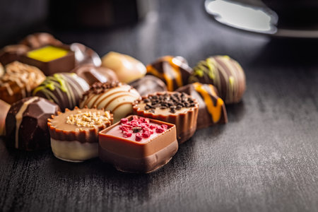Mix of chocolate pralines on a black table.の写真素材