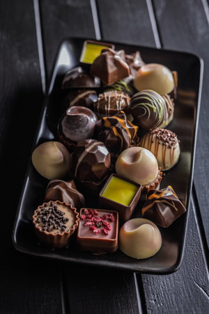 Mix of chocolate pralines on a plate on a black table.の写真素材