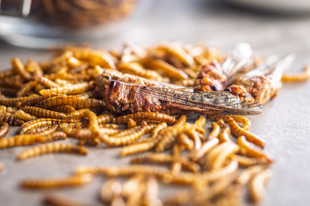 Dried salted insects. Roasted grasshoppers and meal worms on a kitchen table.の写真素材