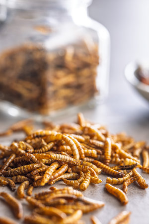 Dried salted worms. Roasted mealworms on a kitchen table.の写真素材