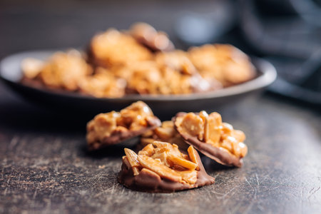 Photography of chocolate Florentine cookies with almonds and chocolate on a black table.