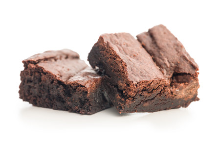 Homemade chocolate brownies isolated on a white background.の写真素材