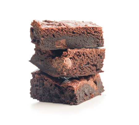 Homemade chocolate brownies isolated on a white background.の写真素材