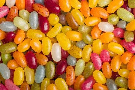 A multicolored jelly beans with various flavors. Top view.の写真素材