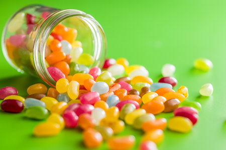 Multicolored jelly beans with various flavors in a jar on a green background.の写真素材