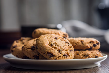 Chocolate chip cookies on a plate on a wooden table.の写真素材