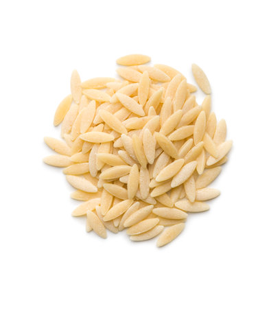 Orzo, kritharaki, risoni pasta. Uncooked dry pasta isolated on a white background.の写真素材