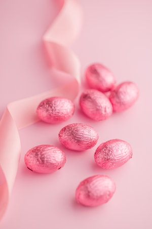 Chocolate easter eggs wrapped in pink colored foil on a pink background.の写真素材